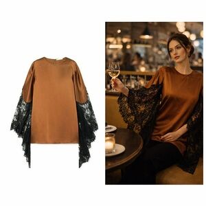 Christopher Kane Brown Satin Blouse Black Lace Draped Sleeve IT38 US2 Cocktail